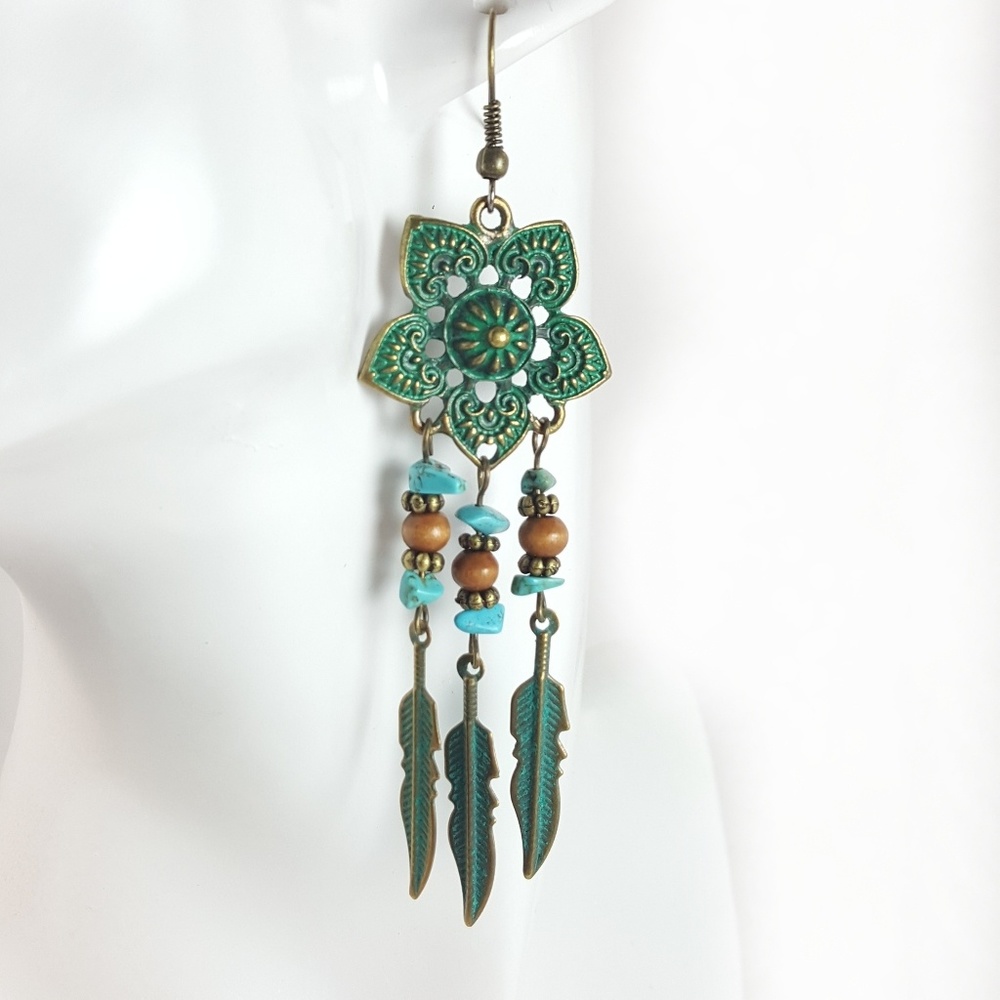 Boho Floral Feather Turquoise Dangle Earrings